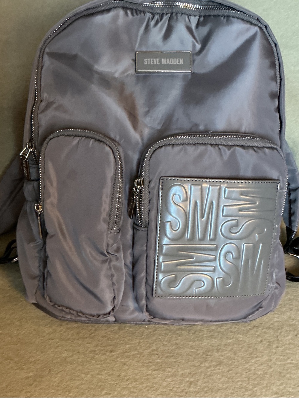 Steve Madden Charcoal Gray Nylon Backpack with Embossed Patch